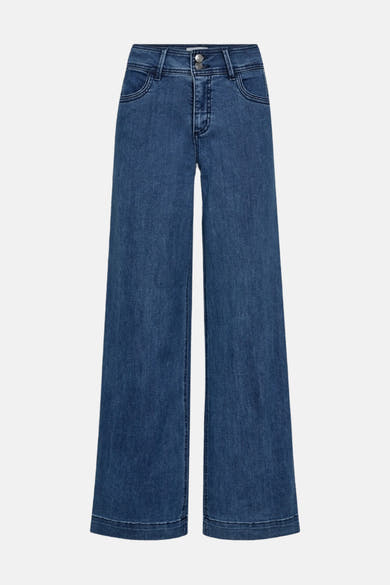 Mid blue wide-leg denim jeans by LOPEZ, front view with classic five-pocket design and subtle fading texture