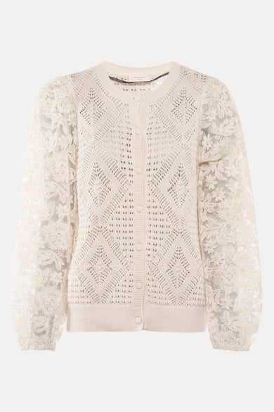 Beige cardigan van FREEQUENT, lange doorschijnende bloemenmouwen en een ruitpatroon met open weefsel op het lijfje.