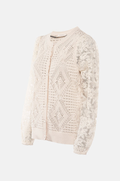 Beige cardigan in openwork knit by FREEQUENT, with long sheer sleeves in floral lace.