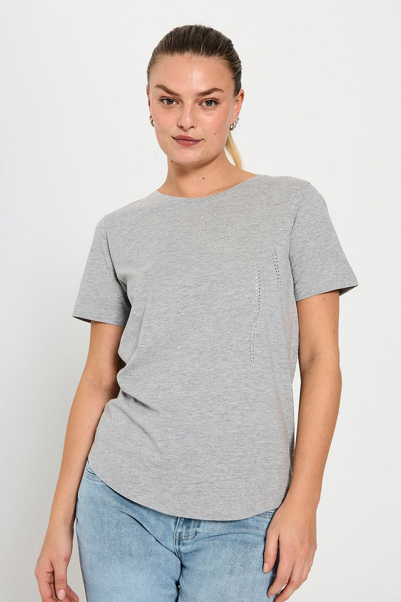 Grijs T-shirt met korte mouwen van FREEQUENT, versierd met een V-vormig strasmotief.