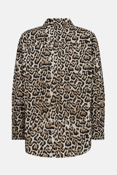 Bruine jurk met lange mouwen van FREEQUENT met een all-over luipaardprint, van achteren gezien.