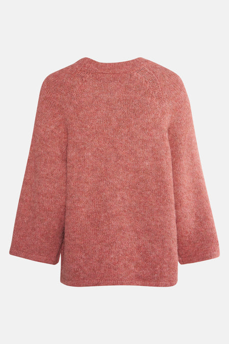 Roze rondehals trui van FREEQUENT in textuurgebreid, wijde korte mouwen, achterzijde.