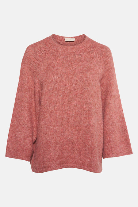 Roze trui met ronde hals van FREEQUENT, in een getextureerde breinaalden met driekwart uitlopende mouwen.