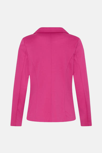 Blazer in roze, Frans model, rugzijde, met een strakke pasvorm en lange mouwen.