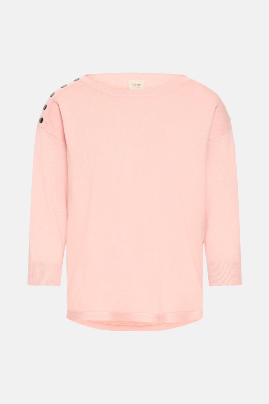 Pull rose à col rond de Fransa, orné de boutons décoratifs à l'épaule.