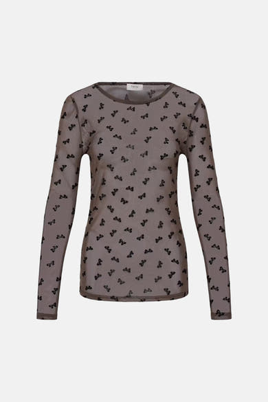 Brown long-sleeve chemisier with black bow pattern by Fransa, sheer fabric, round neckline, front view