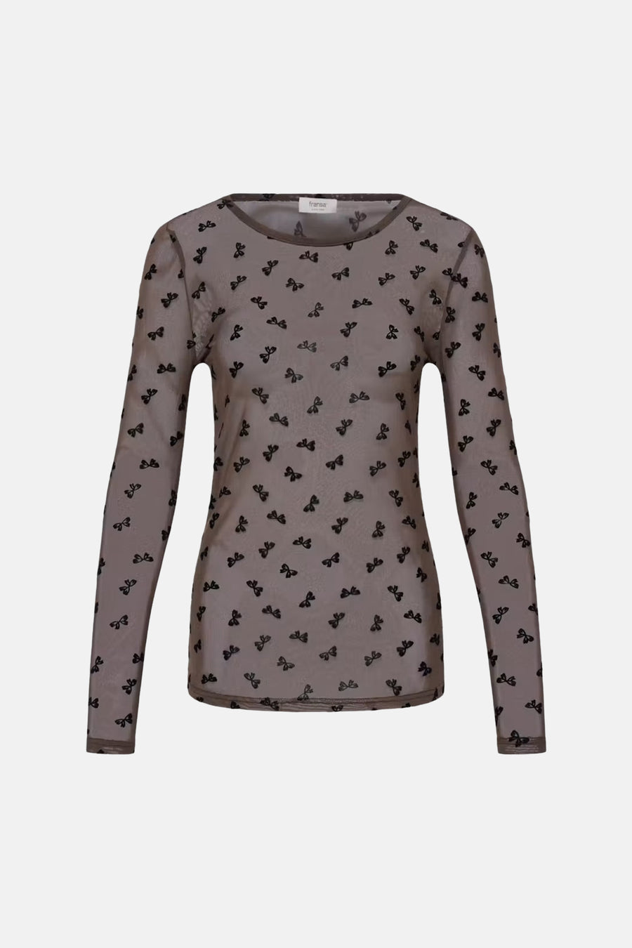Brown long-sleeve chemisier with black bow pattern by Fransa, sheer fabric, round neckline, front view