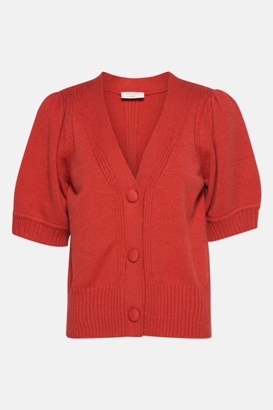 Rode cardigan van FREEQUENT, korte pofmouwen en geribbelde details.