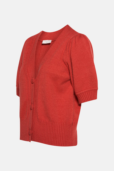 Rode gebreide cardigan met ribbelstructuur van FREEQUENT, met V-hals en korte pofmouwen.