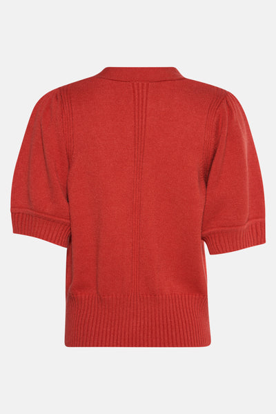 Cardigan rouge de FREEQUENT, manches courtes bouffantes et détails côtelés.