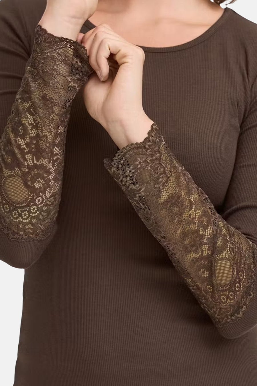 Brown long-sleeve ribbed t-shirt with lace cuffs, close-up front view