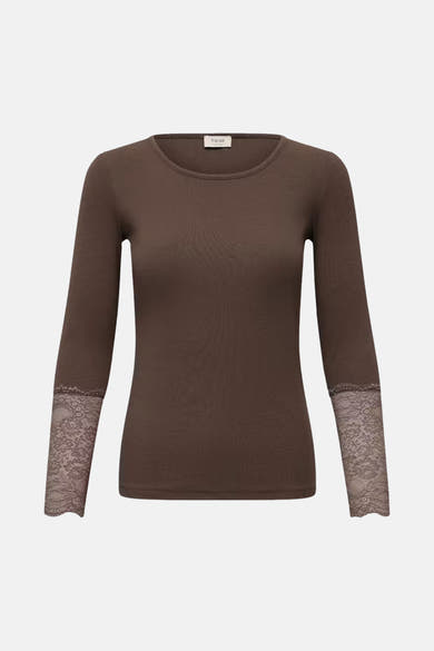 Brown long-sleeve ribbed top by Fransa with lace cuffs, front view