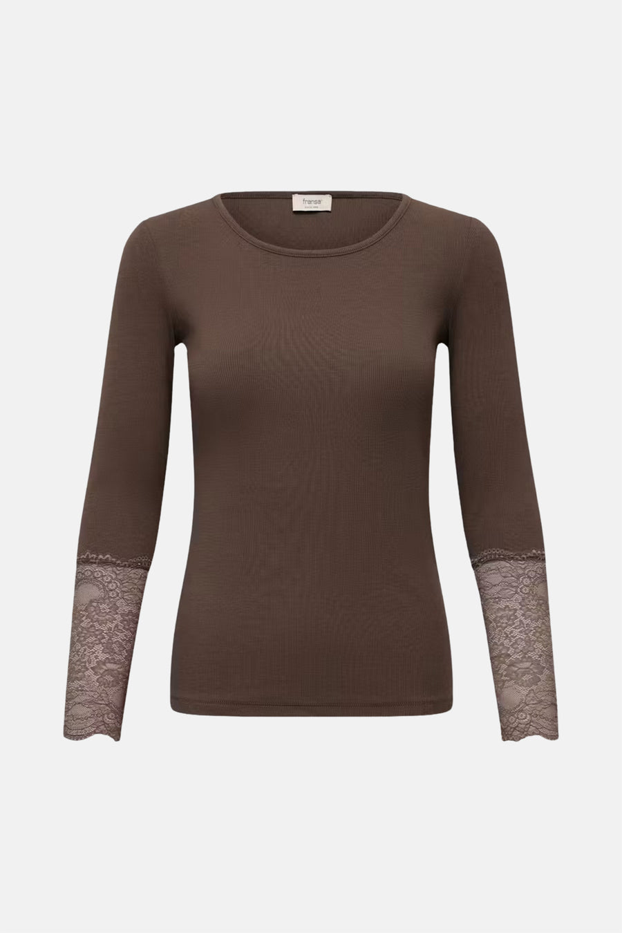 Brown long-sleeve ribbed top by Fransa with lace cuffs, front view