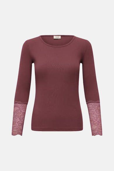 Bordeaux long-sleeve ribbed top by fransa with lace cuffs, front view
