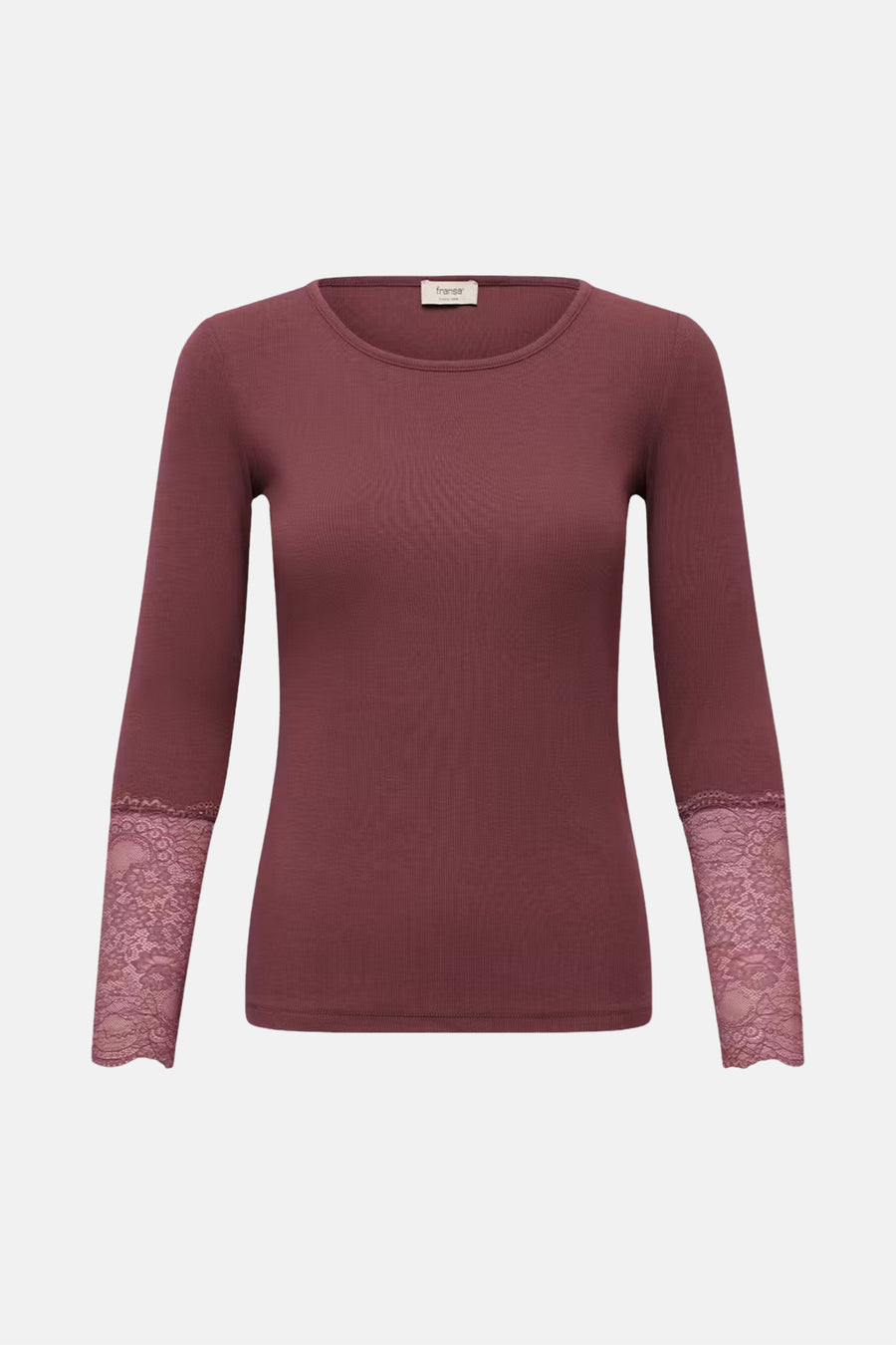 Bordeaux long-sleeve ribbed top by fransa with lace cuffs, front view