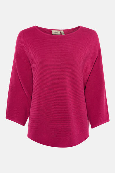 Pull rose à col rond de Fransa, en maille côtelée avec des manches trois-quarts.