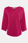 Pull rose à col rond de Fransa, en maille côtelée avec des manches trois-quarts.
