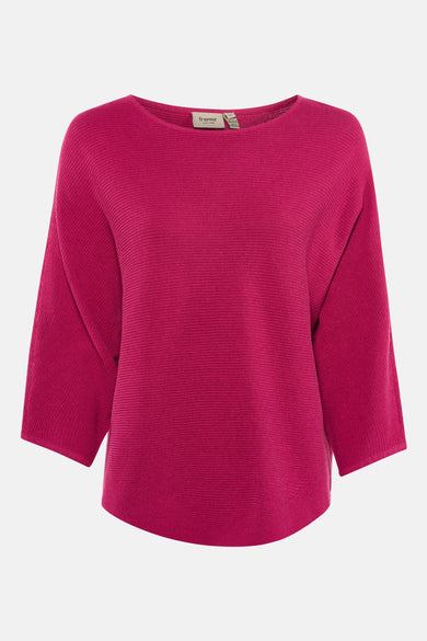 Pull rose à col rond de Fransa, en maille côtelée avec des manches trois-quarts.