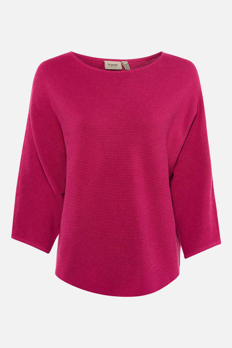 Pull rose à col rond de Fransa, en maille côtelée avec des manches trois-quarts.