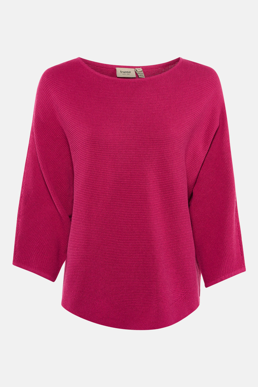 Pull rose à col rond de Fransa, en maille côtelée avec des manches trois-quarts.