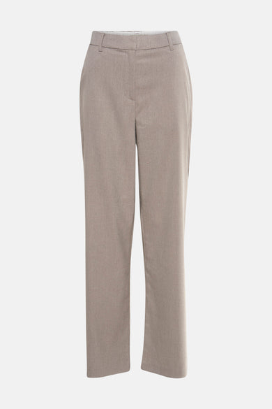 Beige broek uit Frankrijk, rechte pasvorm met riemlussen en getextureerde stof.