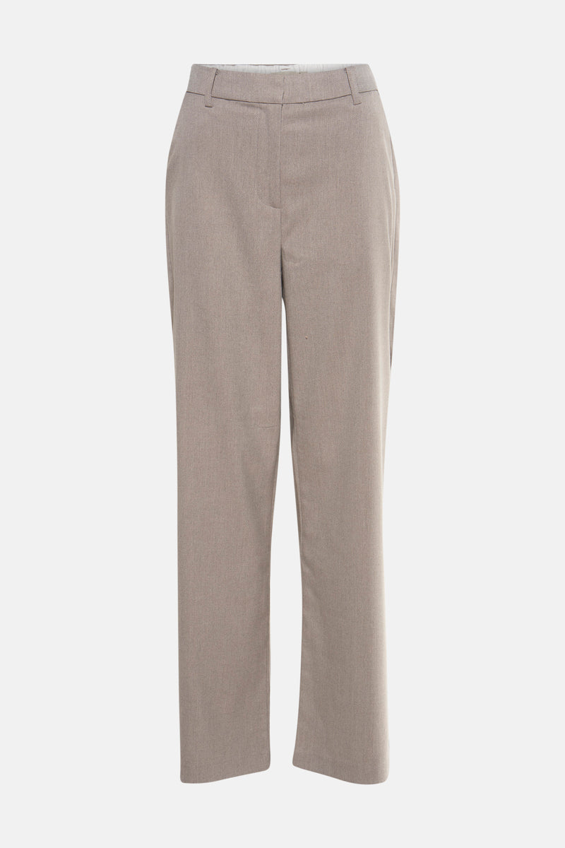 Beige broek uit Frankrijk, rechte pasvorm met riemlussen en getextureerde stof.