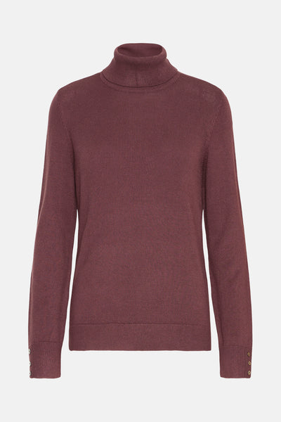 Pull à col roulé rouge de Fransa, avec des boutons décoratifs aux poignets en maille côtelée.