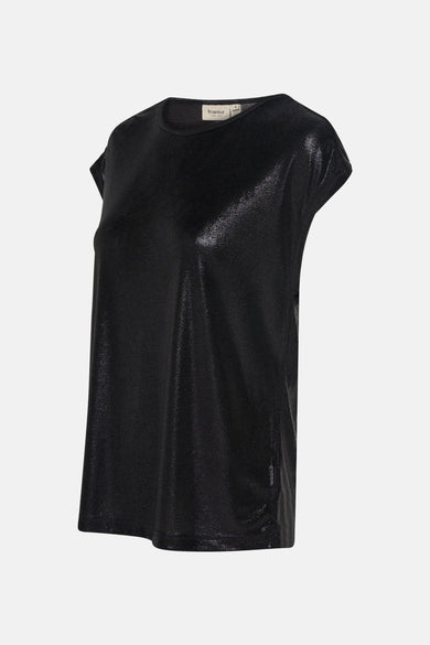 Zwart T-shirt met korte mouwen van Fransa, glanzende stof met metallic effect, op neutrale achtergrond.