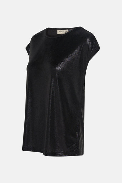 Zwart T-shirt met korte mouwen van Fransa, glanzende stof met metallic effect, op neutrale achtergrond.