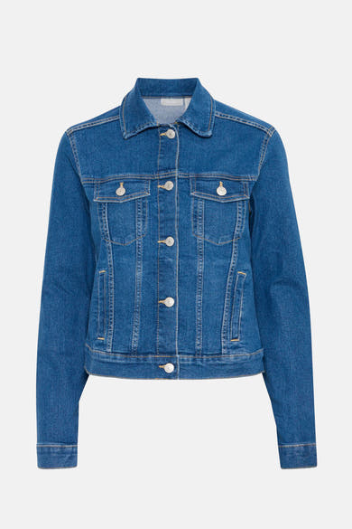 Veste en denim bleu moyen de Fransa avec poches poitrine à rabat boutonné et coupe classique.