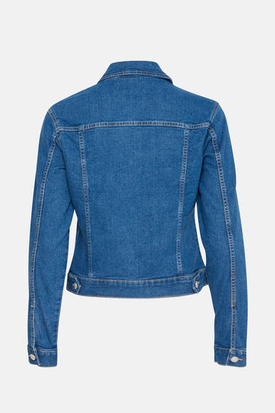 Veste en denim bleu moyen de Fransa, vue arrière, avec coutures contrastantes et boutons argentés.