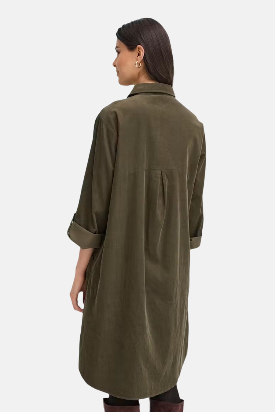 Khaki long-sleeve shirt dress with collar and back pocket, shown from side view on model wearing dark boots.