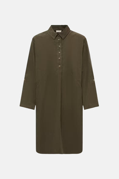 Khaki long-sleeve shirt dress by Everlane, featuring front button closure and subtle ribbed texture, shown in front view.