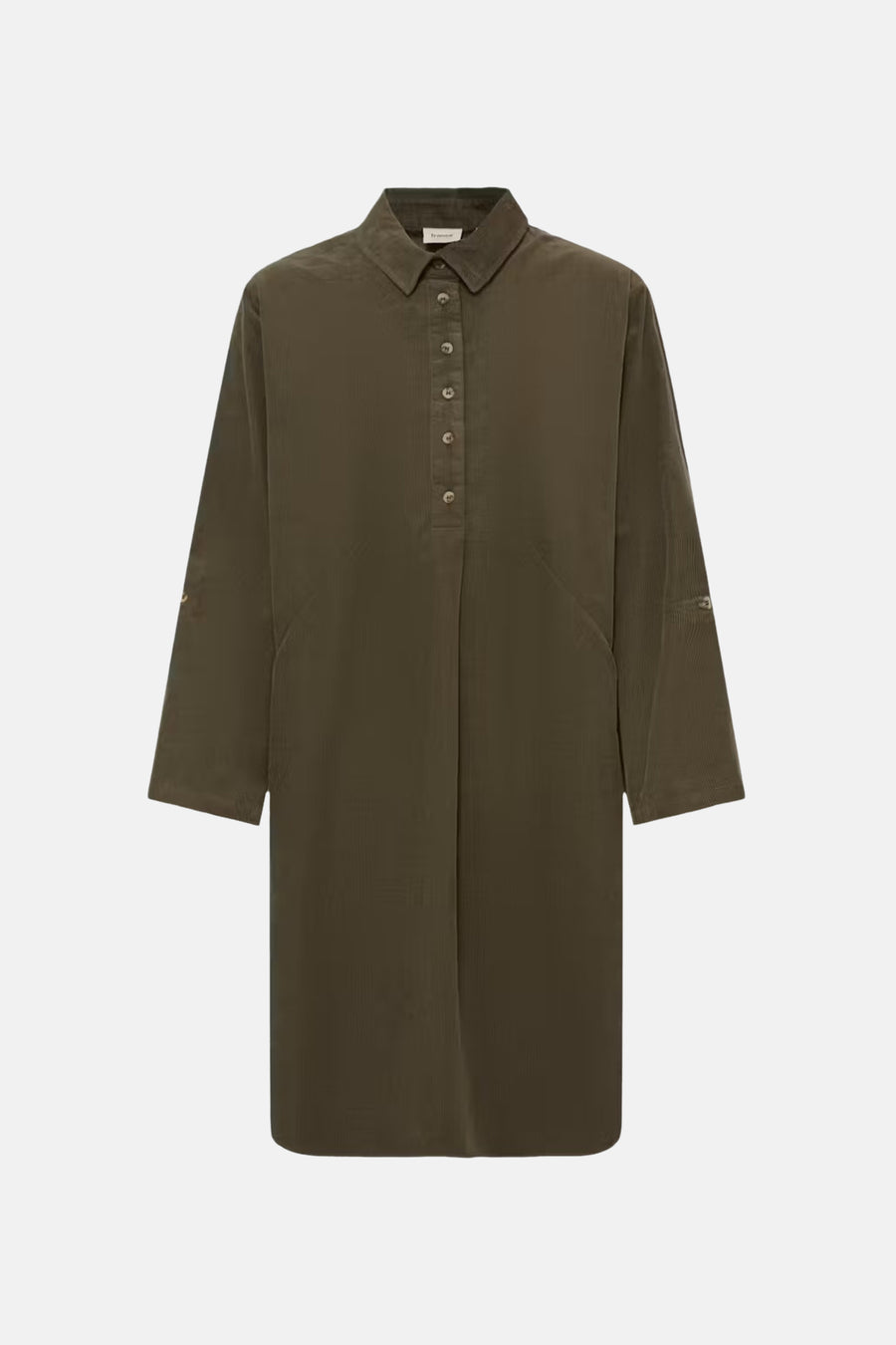 Khaki long-sleeve shirt dress by Everlane, featuring front button closure and subtle ribbed texture, shown in front view.
