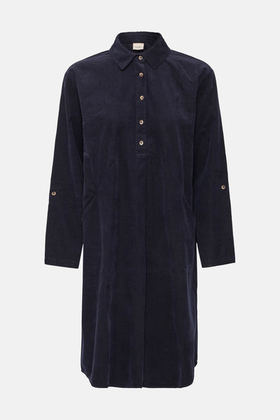 Robe bleu marine en velours côtelé de Fransa, avec col chemise et manches longues boutonnées.