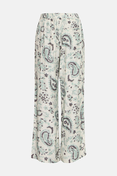 Fransa vloeiende groene broek met paisley-patroon, elastische tailleband en wijde pasvorm.