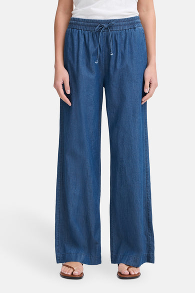 Wijde blauwe broek van Fransa, met elastische tailleband en trekkoord.