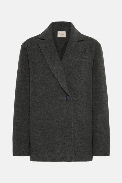 Veste courte grise de Fransa, avec un bouton unique et une coupe croisée, sur fond uni.