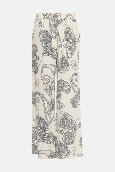 Pantalon écru by Fransa®, motif cachemire noir sur tissu texturé.
