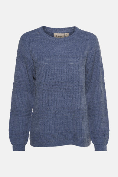 Pull bleu à col rond de Fransa, en tricot côtelé texturé.
