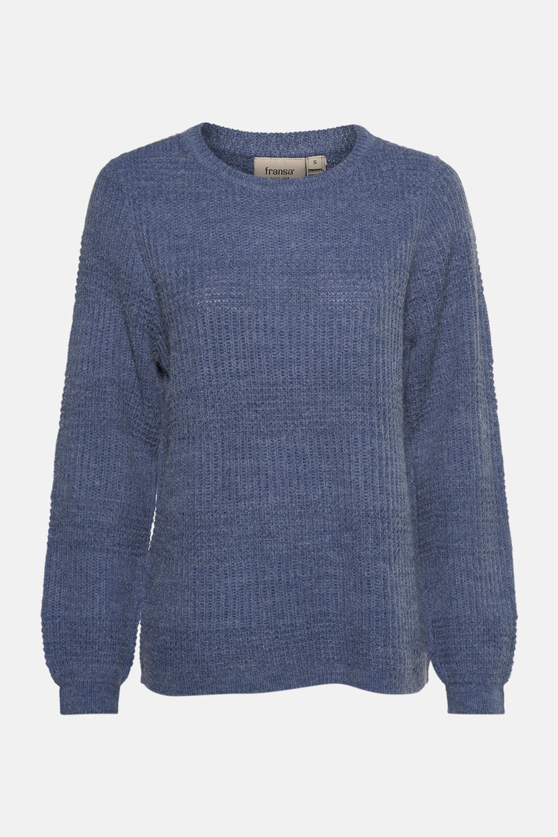 Pull bleu à col rond de Fransa, en tricot côtelé texturé.
