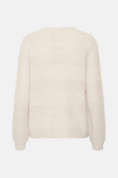Pull à col rond beige de Fransa®, en maille tricotée texturée avec motif en relief horizontal, vue arrière.
