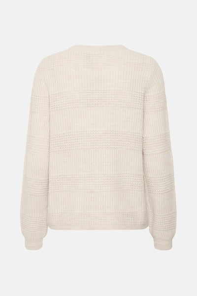Pull à col rond beige de Fransa®, en maille tricotée texturée avec motif en relief horizontal, vue arrière.
