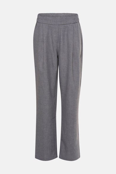 Grijze broek uit Frankrijk, rechte pasvorm, met zichtbare elastische tailleband en plooien aan de voorkant.