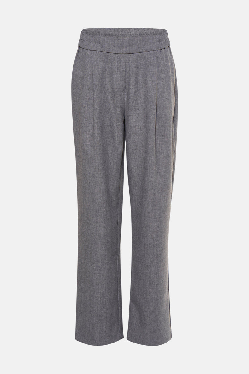 Grijze broek uit Frankrijk, rechte pasvorm, met zichtbare elastische tailleband en plooien aan de voorkant.