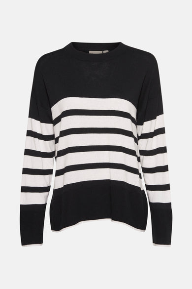 Pull à col rond noir de Fransa®, rayures horizontales blanches sur fond noir.
