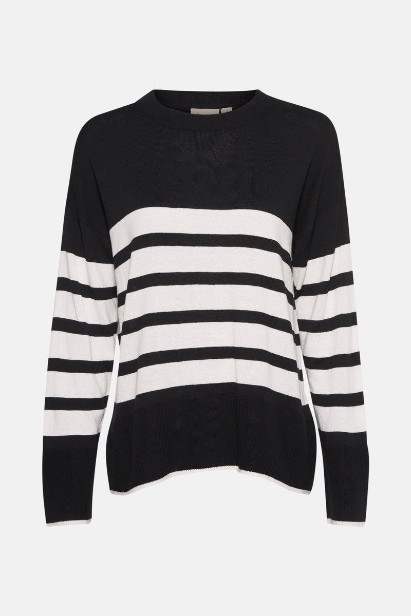Pull à col rond noir de Fransa®, rayures horizontales blanches sur fond noir.