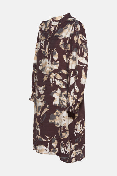Fransa meerkleurige jurk met lange mouwen en bloemenpatroon in bruine, beige en grijze tinten.