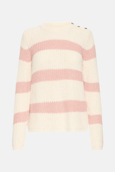 Pull à col rond en maille multicolore de Fransa, avec motif rayé et boutons décoratifs à l'épaule.
