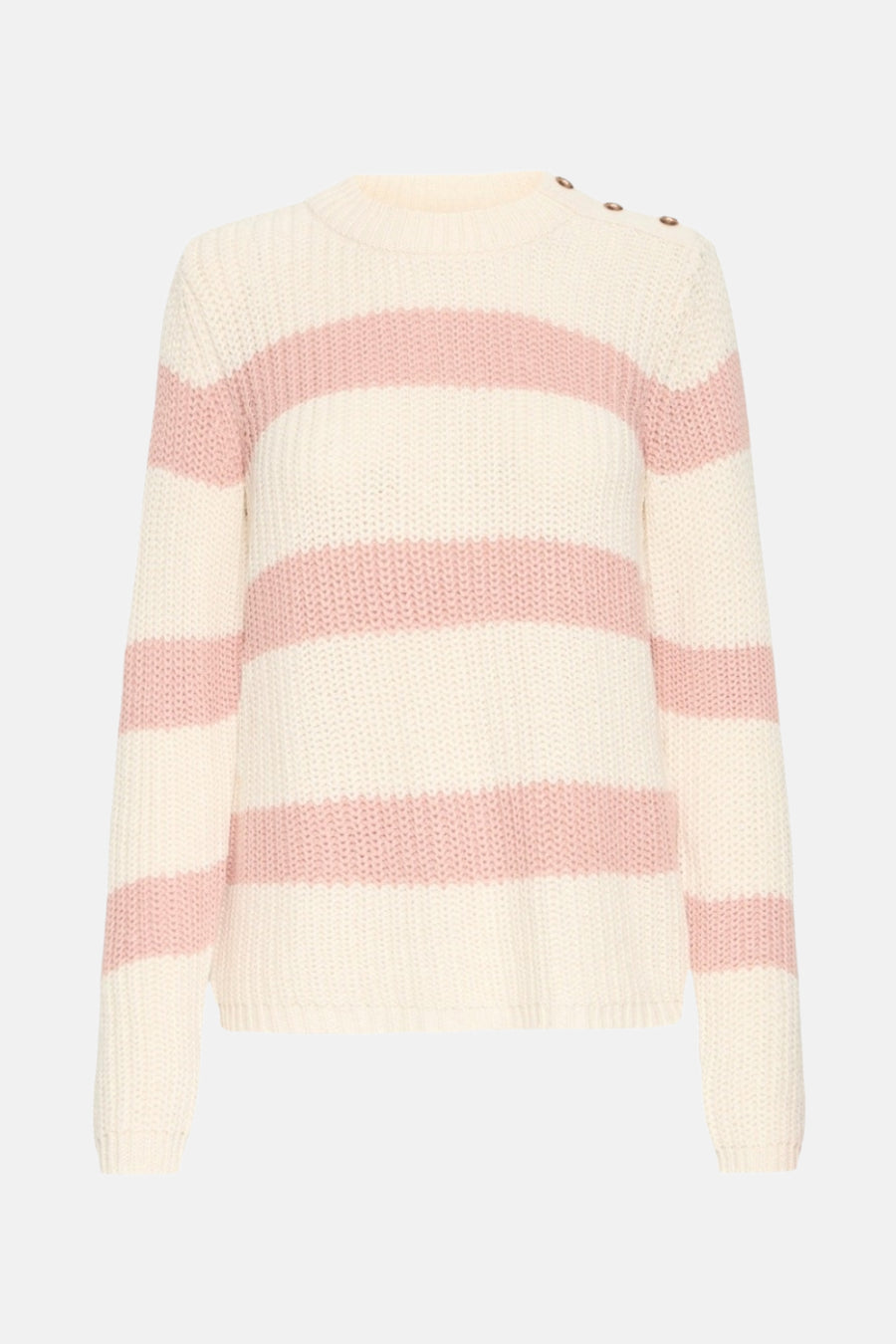 Pull à col rond en maille multicolore de Fransa, avec motif rayé et boutons décoratifs à l'épaule.
